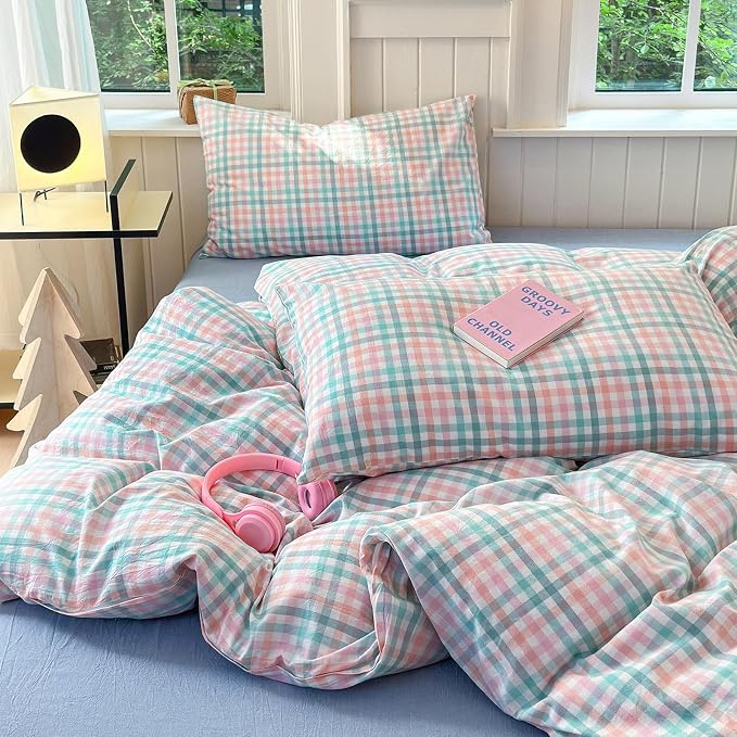LifeTB Gingham Comforter Set Twin XL Multi-Colored Plaid Comforter Set 3 Pieces Checkered Grid Comforter with 2 Pillowcases Soft Fluffy Gingham Bedding Set Farmhouse Grid Bed Comforter Twin XL