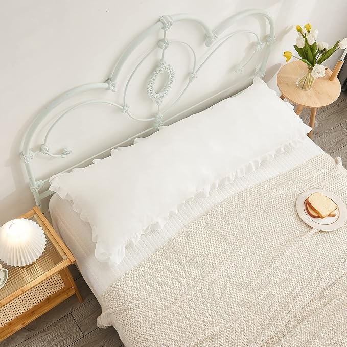 Boho White Body Pillowcase 20x54in - Ruffled Fringe Decor Sham