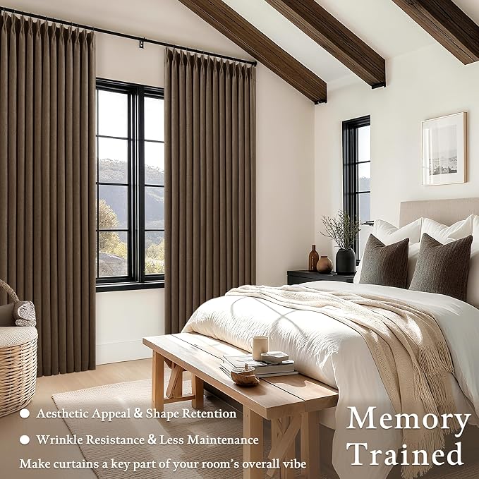 80 Inch Dark Brown Thick Linen Blackout Pinch Pleat Curtains for Bedroom | 100% Black Out Light Blocking, Thick Linen Textured Pleated Drapes, Back Tab with Hooks Rings, Living Room Window Curtains