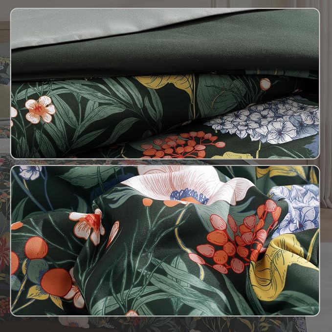 King Size Comforter Set-7 Pieces Green Floral Bed in a Bag King Bedding Set | All Season Botanical Flowers Comforter Set with Sheets, Pillowcases & Shams