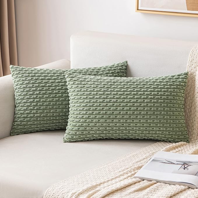 MIULEE Lumbar Decorative Throw Pillow Covers 12x20 Sage Green Corduroy | Textured Striped Pack of 2 Striped Pillow Covers Modern Farmhouse Home Decor for Couch Bed Sofa Living Room