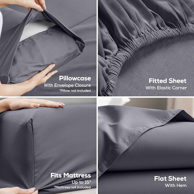 California King Sheets Set, 4 Pieces 16" Deep Pocket Bed Sheets, Grey | Extra Soft Bedsheet Set, Comfy & Breathable Cooling Sheets, Wrinkle & Fade Resistant, Fitted Sheet, Flat Sheet, 2 Pillowcases
