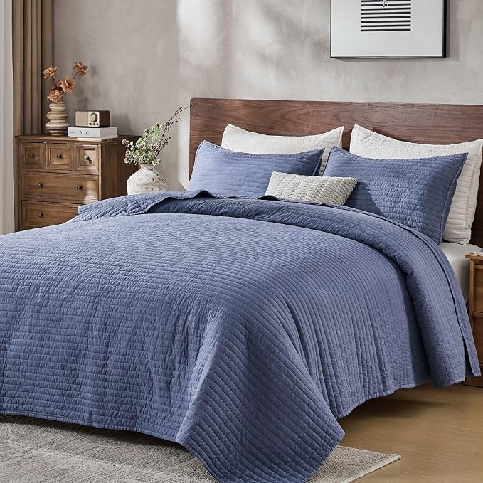 DOWN HOME Cali King Quilt Bedding Set with Shams, Vintage Washed Quilted Blanket Thin Comforter Lightweight Bedspread Coverlet Bed Cover, Brushed Microfiber Stripe Stitching, Vintage Denim, 111"x92"