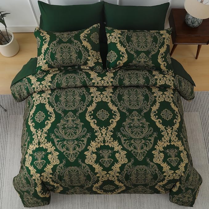 WONGS BEDDING Green Damask King Size Comforter Set, 7 Piece Texture Microfiber Comforter Bedding Set for All Season, Bed in a Bag with Comforter, Flat Sheet, Fitted Sheet, Pillowcases & Shams