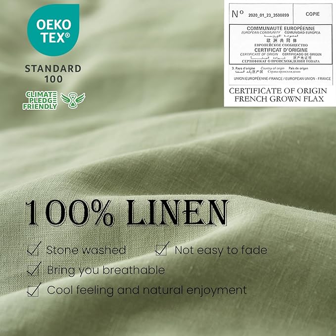 Simple&Opulence 100% Linen Duvet Cover Set 3pcs Basic Style Natural French Washed Flax Solid Color Soft Breathable Farmhouse Bedding with Button Closure - Sage Green, Full