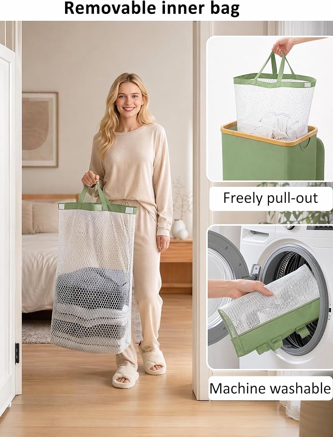 IEGrow Laundry Hamper with Lid,110L Laundry Basket with Mesh Bags,Green | Dirty Clothes Hamper Basket with Bamboo Handle for Clothes Towels