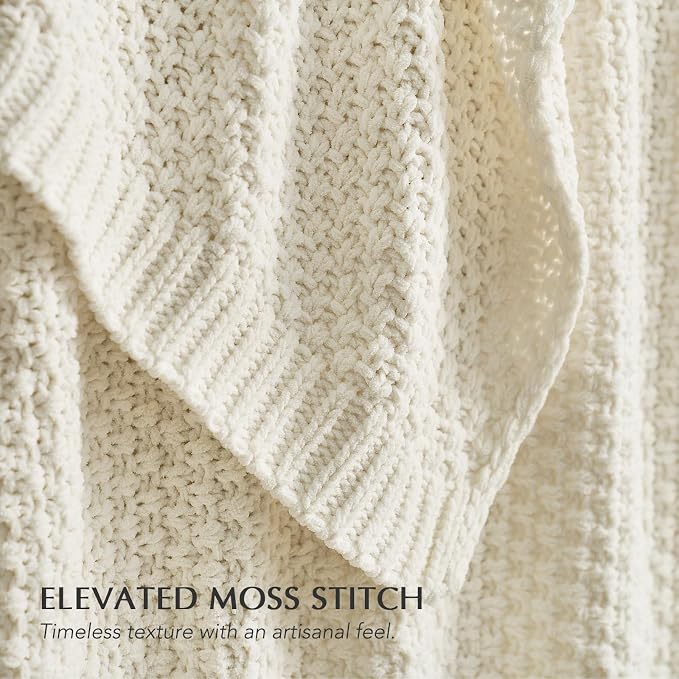EVERGRACEHOME Chunky Chenille Knit Throw Blanket, 60 x 80, Ivory White | Sculpted Moss Stitch, Chic Modern Farmhouse, All-Season Warmth, OEKO-TEX® Certified, Elegant Blanket for Couch, Bed, Sofa