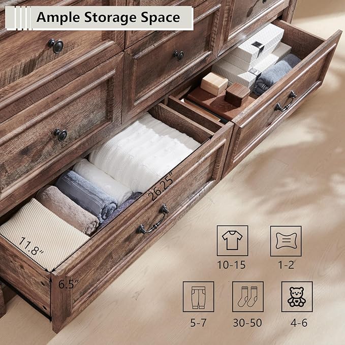 Aitjunz Farmhouse 61" Wide 8 Drawers Dresser for Bedroom, Light Brown | Chests of Drawers w/Roman Column, Large Storage Dressers Organizer w/2 Different Drawer Sizes for Bedroom,Living Room
