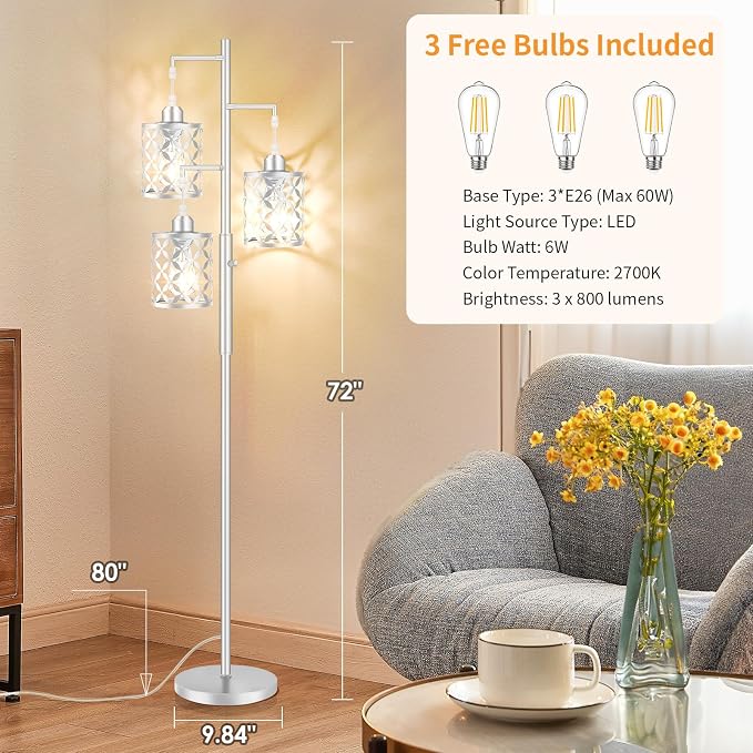 72" Modern Tree Floor Lamp, Dimmable Minimalist Tall Standing Lamp with Metal Cages & Rotary Dimmer Knob, Corner Decor Lighting for Living Room Bedroom Cafe, 3 x 800LM Bulbs Included-Silver