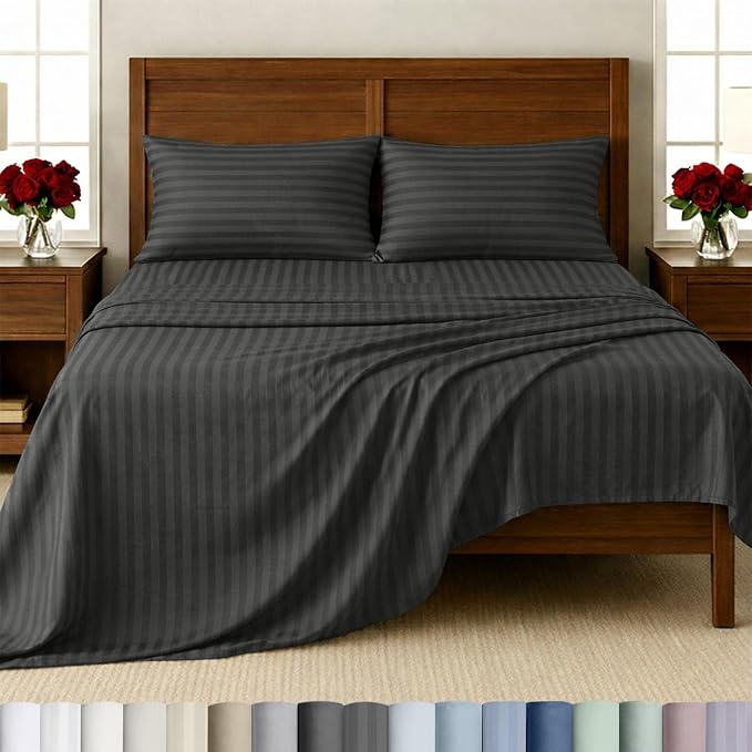 California Design Den Softest 100% Cotton Sateen Full Bed Sheets Set | Soft 500 Thread Count Backed by Good Housekeeping Seal, 16" Deep Pocket, All-Around Elastic, Easy Care - Grey Striped