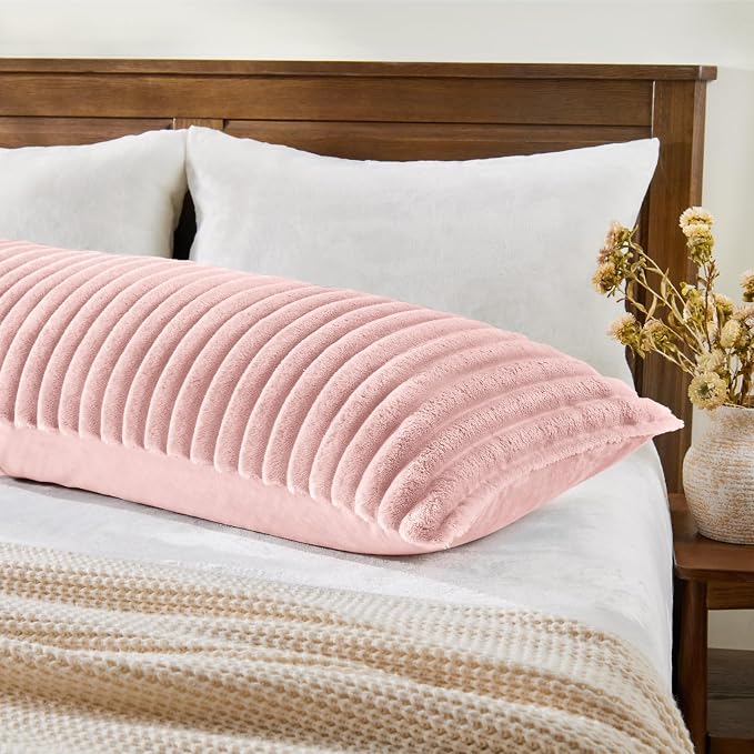 BEDELITE Fluffy Striped Body Pillow Cover with Zipper, Pink, 20x54 | Ultra-soft Faux Fur with 10D Striped Texture, Comfy, Plush, and Cloud-like, Body Pillow Pillowcase for Bed Couch Room Decor