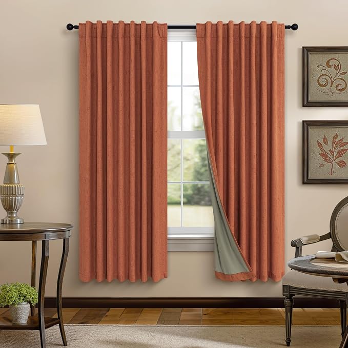 Terracotta Black Out Curtains 72 Inch Long Western Blackout Window Curtain & Drapes 72 Inch Length 2 Panel Viral Retro Vintage Linen Farmhouse for Bedroom Dining Living Room Pumpkin 70s Decor Hippie