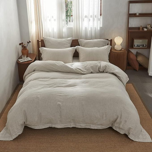 Simple&Opulence 100% French Linen Duvet Cover Set with Embroidered,2 Pcs Washed Soft Farmhouse Bedding Set with Button Closure,1 Comforter Cover and 1 Pillowsham(Twin,Natural Linen)