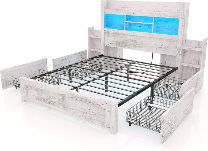 LUXOAK Full Bed Frame with Storage, Bookcase Headboard, Distressed White | 49.6" Headboard, Wood Platform Bed, Charging Station, Bedside Storage, 4 Storage Drawers, No Box Spring Needed, Farmhouse