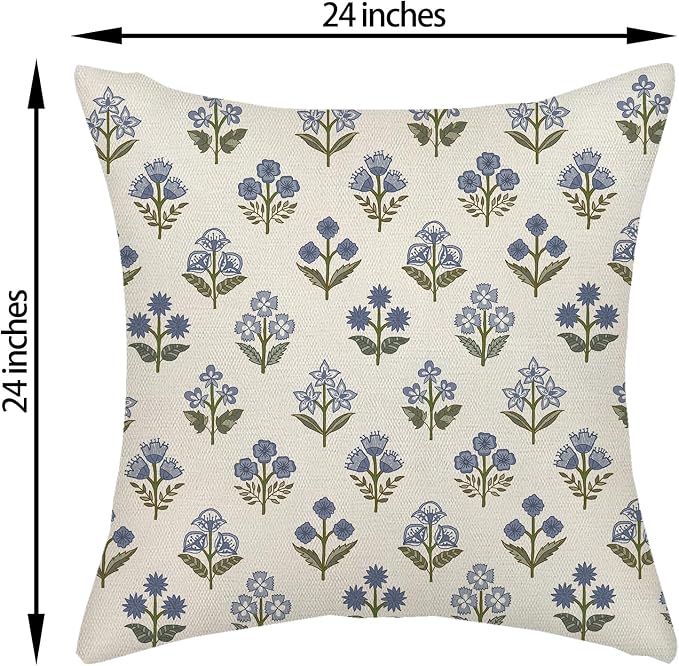 Blue Green Pillow Covers 24x24 Inch 2 Pcs Block Print Vintage Floral Decor Throw Pillows Boho Flower Spring Summer Outdoor Seasonal Decoration Pillowcase Linen Cushion Cover for Couch Sofa
