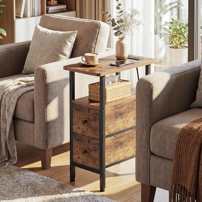 LOAKEKEL Narrow End Table with Charging Station, Small Nightstand | Skinny Side Tables Living Room with 2 Fabric Drawers, Slim Bedside Table for Bedroom, Small Spaces, Couch, Rustic Brown