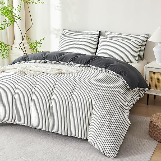 Dark Grey Comforter Set King Soft Luxury Washed Microfiber Jacquard 3 Pieces Bedding, White Grey Vertical Ticking Stripes Pattern Comforter with 2 Pillowcases Breathable Durable Comfy