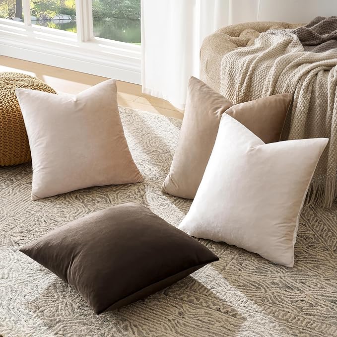GIGIZAZA Pack of 4 Decorative Velvet Pillow Covers 18x18 Gradient Brown | Throw Pillows for Couch Sofa,280gsm Soft Textured Fabric,Modern Accent Pillowcases,Luxury Living Room Cushion Covers
