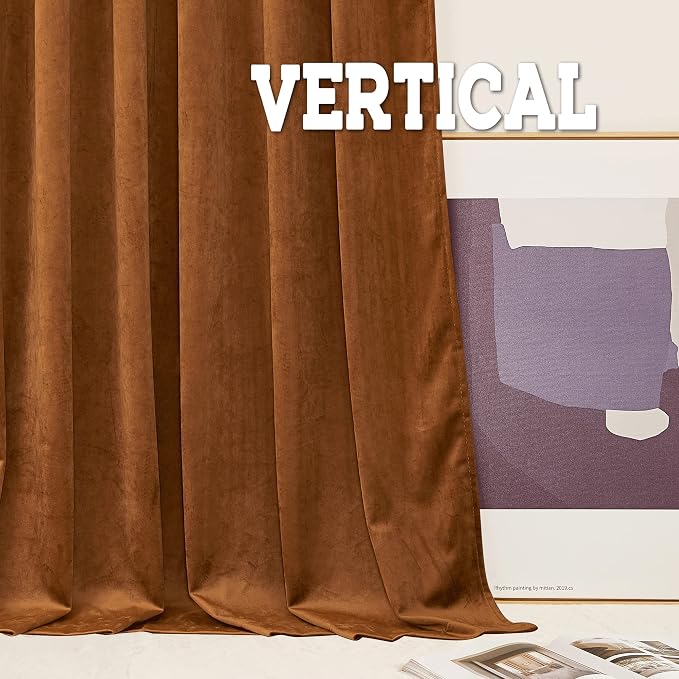 RYB HOME Burnt Orange Fall Velvet Curtains for Living Room 90 inches Long | Thermal Insulated, Privacy UV Block, Noise Reducing, Energy Saving, Luxury Vintage Retro Window Decor, W52 x L90, 2 Panels