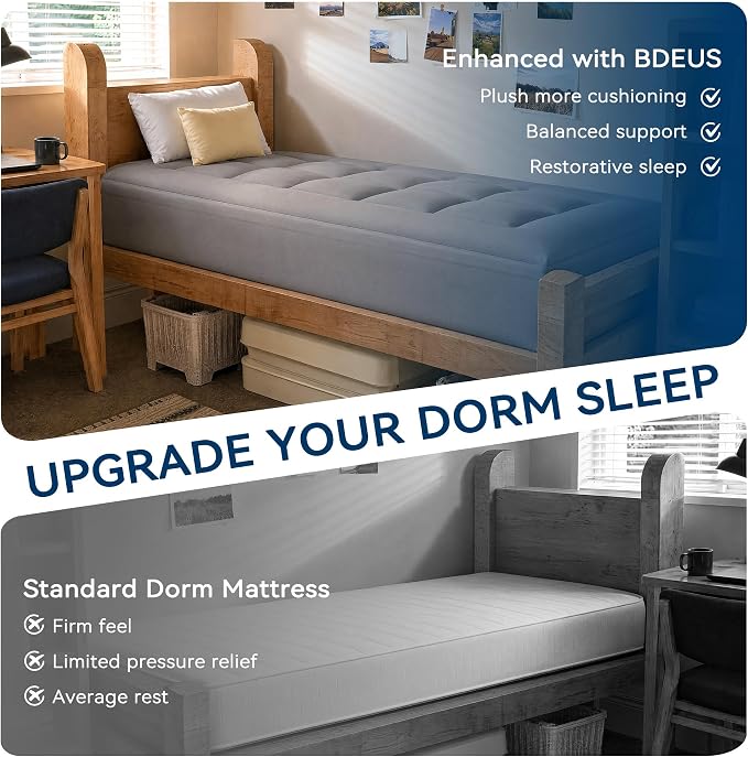 BDEUS Dual Layer 5 Inch Memory Foam Mattress Topper Twin XL Size for Dorm Room, 2 Inch Gel Memory Foam Plus 3 Inch Pillow Top Mattress Pad Cover,Back to School Essentials, Dark Gray