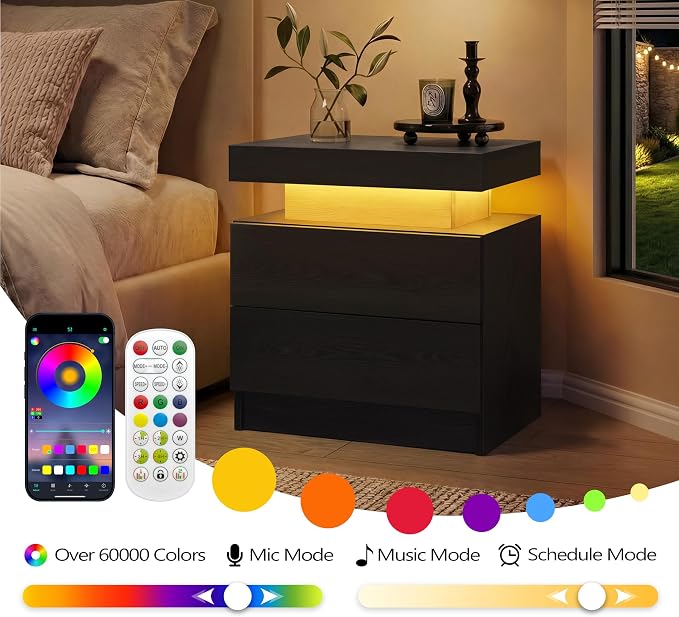 i-aplus LED Nightstand with Wood 2 Drawers Modern Bedside Table for Bedroom | Nightstands with App-Controlled RGB LED Lights, Night Stand with Storgae Drawer, Modern Bedside Table for Bedroom