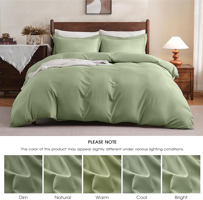 FreshCulture Duvet Cover King Size - 3 Pieces Microfiber Duvet Cover Set with Zipper Closure - Lightweight & Easy Care - 1 Comforter Cover & 2 Pillow Shams - Comforter Not Included (Sage)