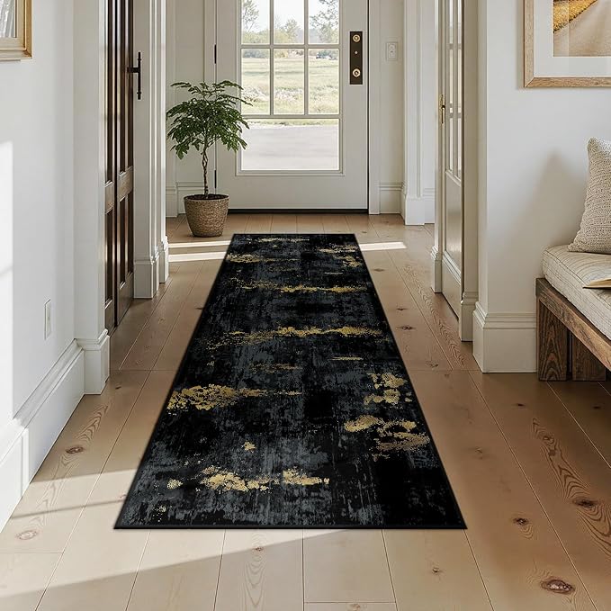 RELEANY Washable Runner 2'x7' Abstract Area Rug for Hallway Black Gold | Carpet for Kitchen, Entryway, Bathroom, Living Room, Bedroom, Printed Pattern, Non‑Slip, Soft, Stain‑Resistant, Easy to Clean