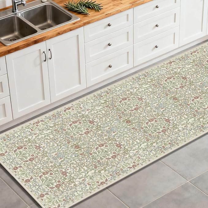 Washable 2' x 6' Runners for Hallways, Non Slip Long Floor Runner for Kitchen, Entryway Indoor, Stain Resistant Rubber Backing Floral Decor Rug (Light Green)
