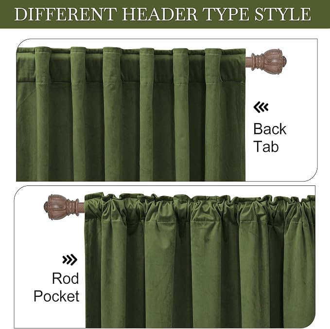 RYB HOME Olive Green Velvet Blackout Curtains 90 inches for Living Room | Thermal Insulated, Privacy UV Block, Noise Reducing, Energy Saving, Luxury Window Decor for Dining Room, W52 x L90, 2 Panels