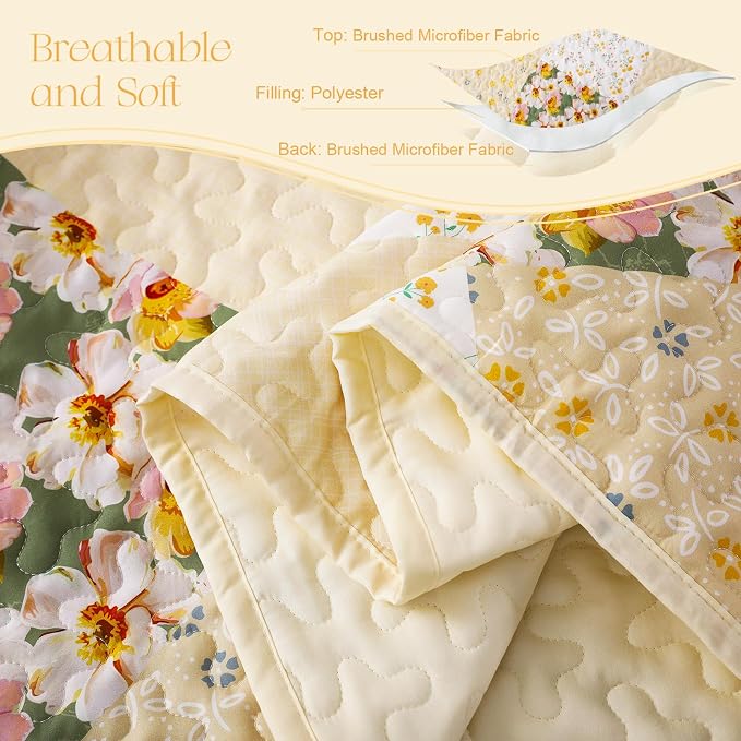 Exclusivo Mezcla Reversible Boho Quilts Queen Size Yellow | Lightweight Soft Bedspreads, All Season Patchwork Coverlet Bedding Set, Printed Floral Pattern, 1 Quilt and 2 Pillow Shams