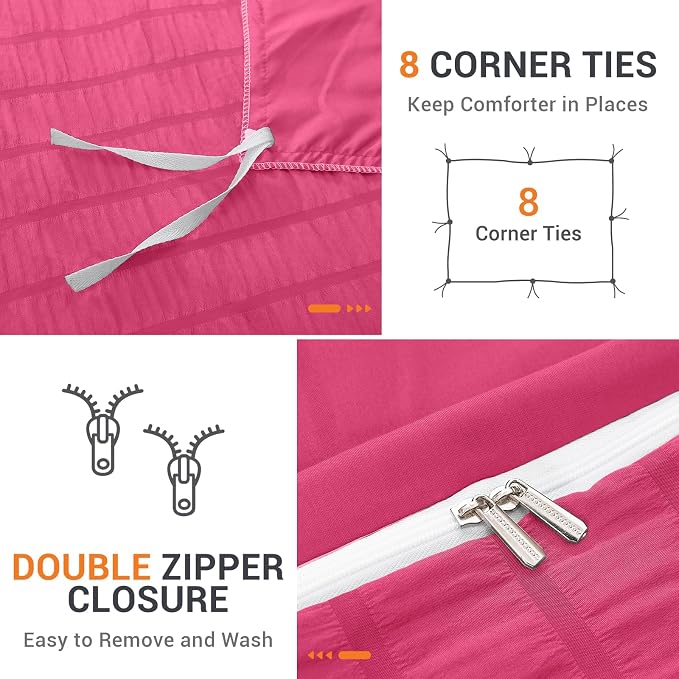 HYMOKEGE Hot Pink Duvet Cover King Size, Ultra Soft 3-Piece Seersucker Duvet Cover Set with Zipper Closure, Soft Brushed Microfiber Bedding Set with 8 Corner Ties (104"x90", 2 Pillowshams)