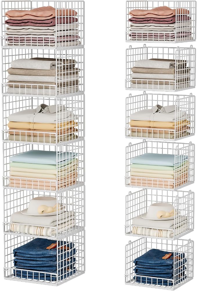 6-Tier Stackable Closet Organizers and Storage Baskets, Closet Shelf Organizer for Small Space, Space-Saving closet organizer system, Foldable Clothes Storage Bins for Closet Organizer System, White