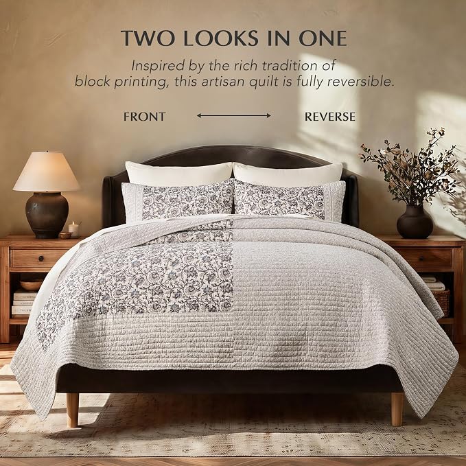 EverGrace 100% Cotton Floral Quilt Set, King Size, Farmhouse Taupe 110"×92" | Reversible Lightweight Bedspread Coverlet, Vintage Floral Farmhouse Bedding, Traditional Botanical Quilt with 2 Pillow Shams