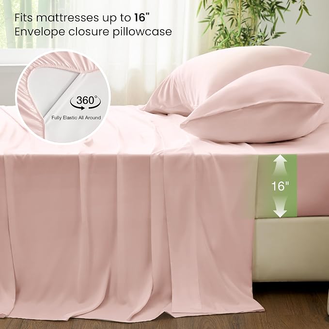 Love's cabin 3 Piece Twin Sheet Set, 100% Rayon Derived from Bamboo, Cooling & Breathable, Soft Silky Deep Pocket up to 16", Hotel Luxury Bedding for Hot Sleepers, Pink