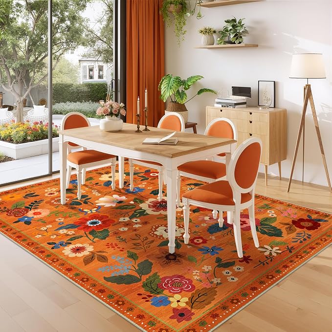 RELEANY Floral Washable 6x9 Area Rugs BurntOrange | Flower Carpet, Print, Boho, Non-Slip, Easy to Clean, Soft, Low Pile for Living Room Bedroom Kitchen Office Entryway Hallway