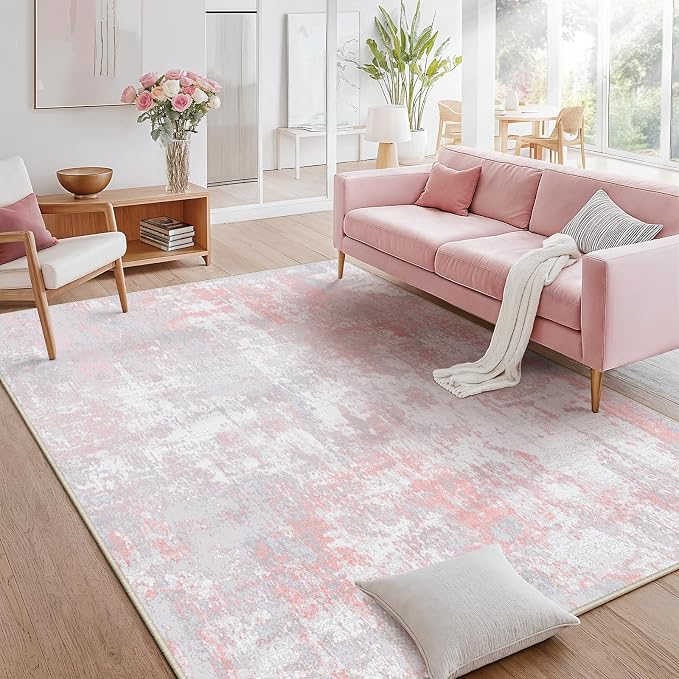 RELEANY Washable 6'x9' Abstract Area Rug for Living Room Gray Pink | Carpet for Bedroom, Kitchen, Office, Hallway and Entryway, Printed Pattern, Non‑Slip, Soft, Stain‑Resistant, Easy to Clean