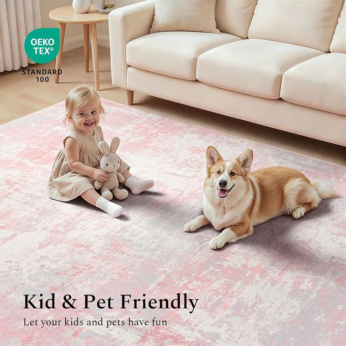 Rugflix 8x10 Area Rugs for Bedroom, Washable Pink Large Rug | Machine Washable; Stain-Resistant; Low Pile; Non-Slip; Modern Abstract; Carpet for Nursery Girls Room Living Office Home
