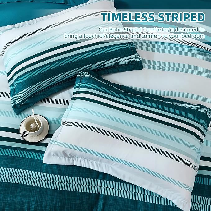 Dobuyly Teal King Size Comforter Set 7 Pieces, Blue Boho Striped Bed in a Bag Soft Microfiber All Season Bedding Set with Comforter, Sheets, Pillowcases & Shams