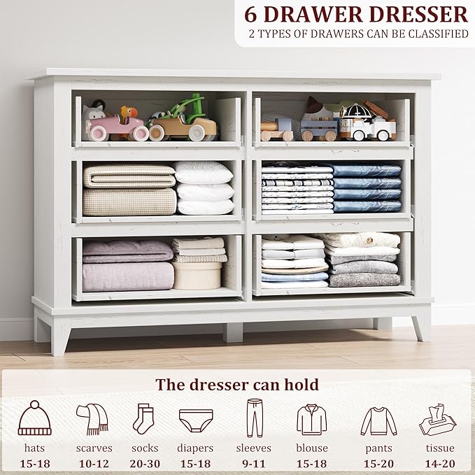 GarveeHome 6 Dresser for Bedroom, 47 in Wide Drawer Dresser with Storage Freestanding, Wooden Closet Storage Chest for Living Room, Bedroom, Entryway, Ash White