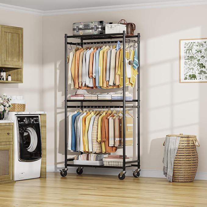 Simple Trending Clothes Rack, Clothing Rack, Portable Closet, Black | Wardrobe Closet with Mesh Shelves & Hooks, Metal Garment Rack, 360° Lockable Wheels, Multi-Functional, for Bedroom, Laundry