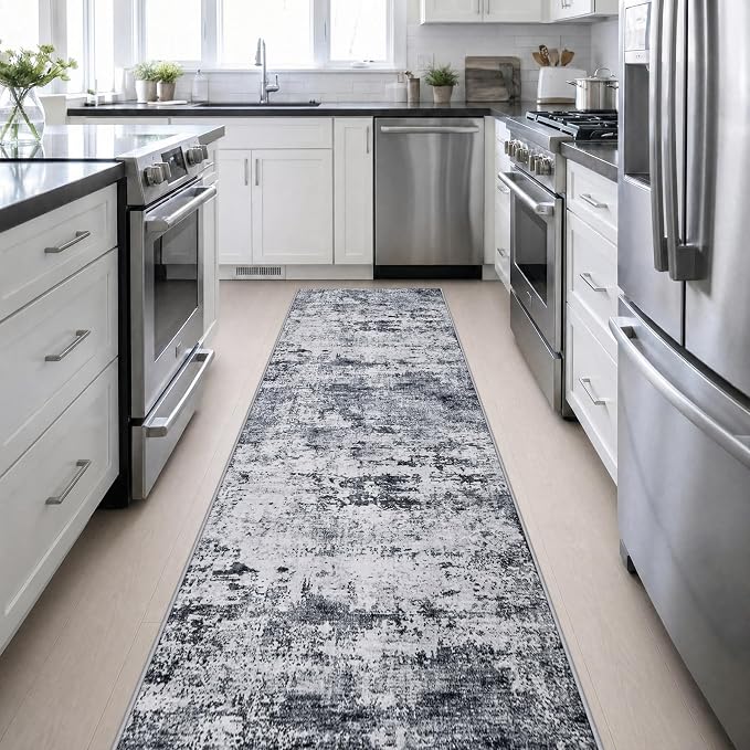 3x14 Washable Runner Rug：Modern Abstract Kitchen Soft Carpet Grey | For Hallway, Bedroom, Kitchen, Laundry, Bathroom,Door Mat,Modern Abstract,Machine washable,Non-Slip,Stain Resistant,Indoor