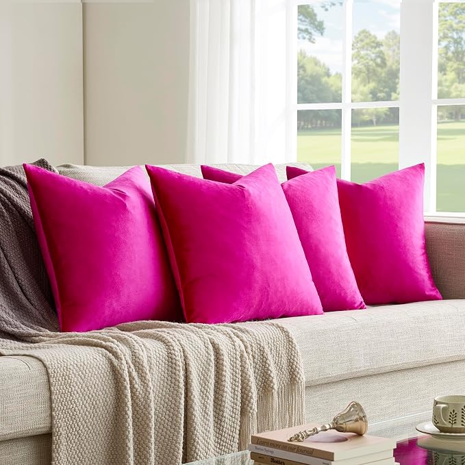 GIGIZAZA Pack of 4 Decorative Velvet Pillow Covers 16x16 Hot Pink | Throw Pillows for Couch Sofa,280gsm Soft Textured Fabric,Modern Accent Pillowcases,Luxury Living Room Cushion Covers
