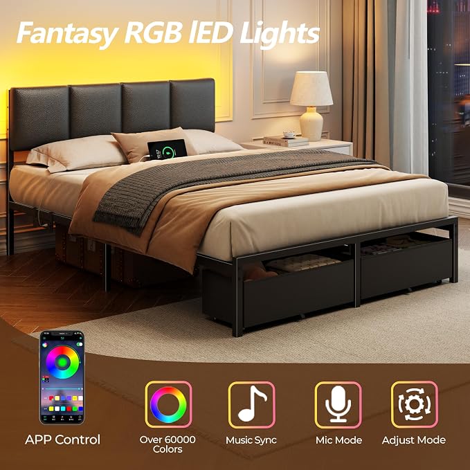 Full Size Bed Frame with PU Upholstered Headboard and 2 Drawers | Metal Platform Bed with Charging Station, LED Light and Fabric Storage Drawers, Noise Free, No Box Spring Needed, Black