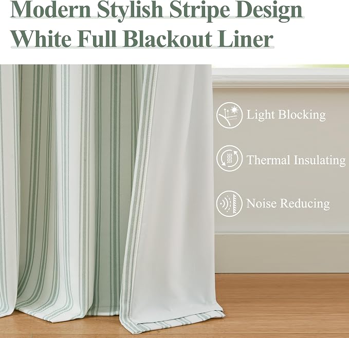 ZJDECOR 72 Inch Green White Striped Full Blackout Curtain Panels | Stripe on White Cotton Blended Fabric,Room Darkening Window Treatment for Bedroom Living Room,Back Tabs Rod Pocket