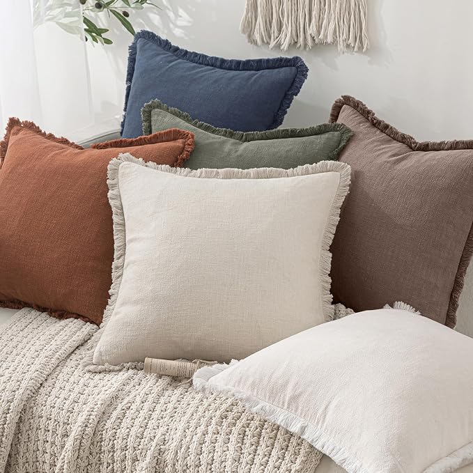 MIULEE Linen Decorative Fall Euro Throw Pillow Covers Malt Ball 26x26 | Set of 2, Cottagecore Decor, Boho Farmhouse Neutral Pillow Covers, Rustic Fall Fringe Couch Cushion for Sofa Bed Living Room