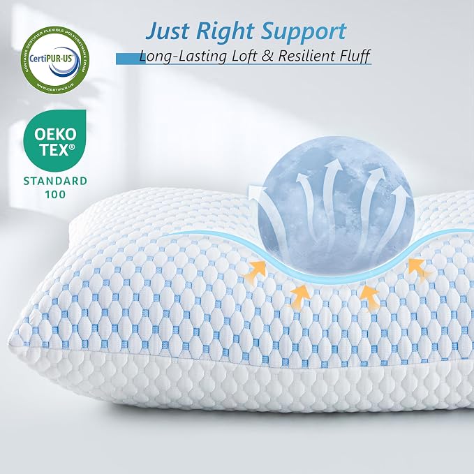 UYWO Cooling Memory Foam Pillows Standard Size Set of 2, Blue | Firm/Soft Cooling Bed Pillows for Side/Back/Stomach Sleepers, Ergonomic Neck Support Pillow