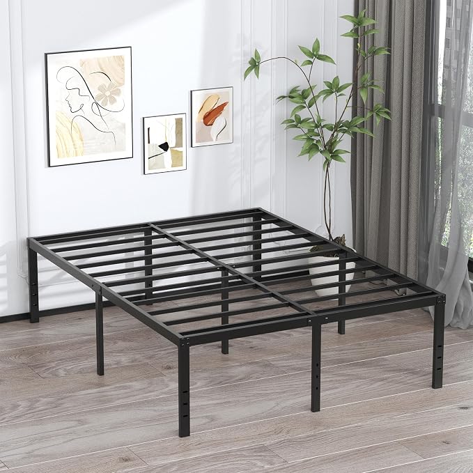 EMODA 20 Inch Queen Bed Frame No Box Spring Needed | Heavy Duty Metal Tall Platform Bed Frame Queen Size with Large Storage Space, Easy Assembly, Black