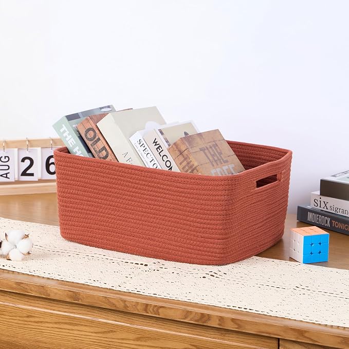 MiniArk Large Storage Baskets for Organizing, 17 x 13 x 7.5” Closet Shelf Baskets for Clothes Blanket Towels, Baby Nursery, Toy Bins Box, Woven Rope Baskets, 4 Packs Oxide Red
