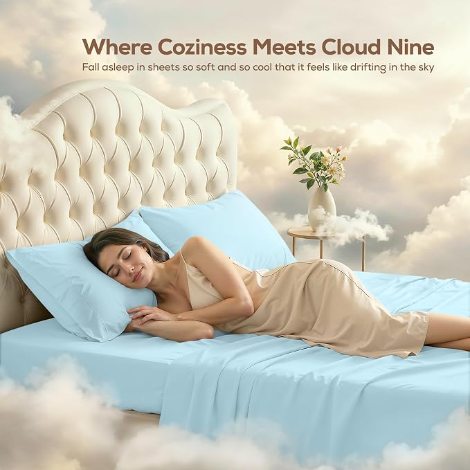 California King Sheets Set, 4 Pieces 16" Deep Pocket Bed Sheets, Ice Blue | Extra Soft Bedsheet Set, Comfy & Breathable Cooling Sheets, Wrinkle & Fade Resistant, Fitted Sheet, Flat Sheet, 2 Pillowcases