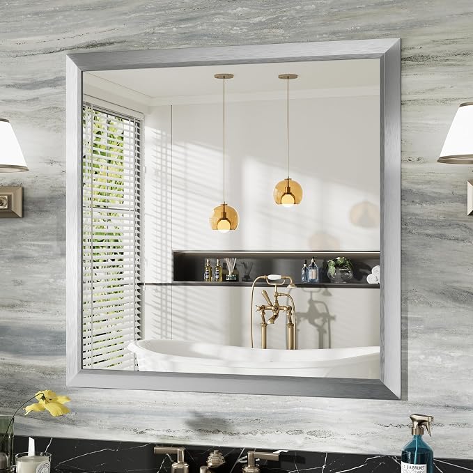 Bathroom Wall Mirror, Silver Brushed Nickel Metal Frame, 36x36 Inch | Anti-rust, HD tempered glass, for bathroom vanity, bedroom, living room, horizontal or vertical mount